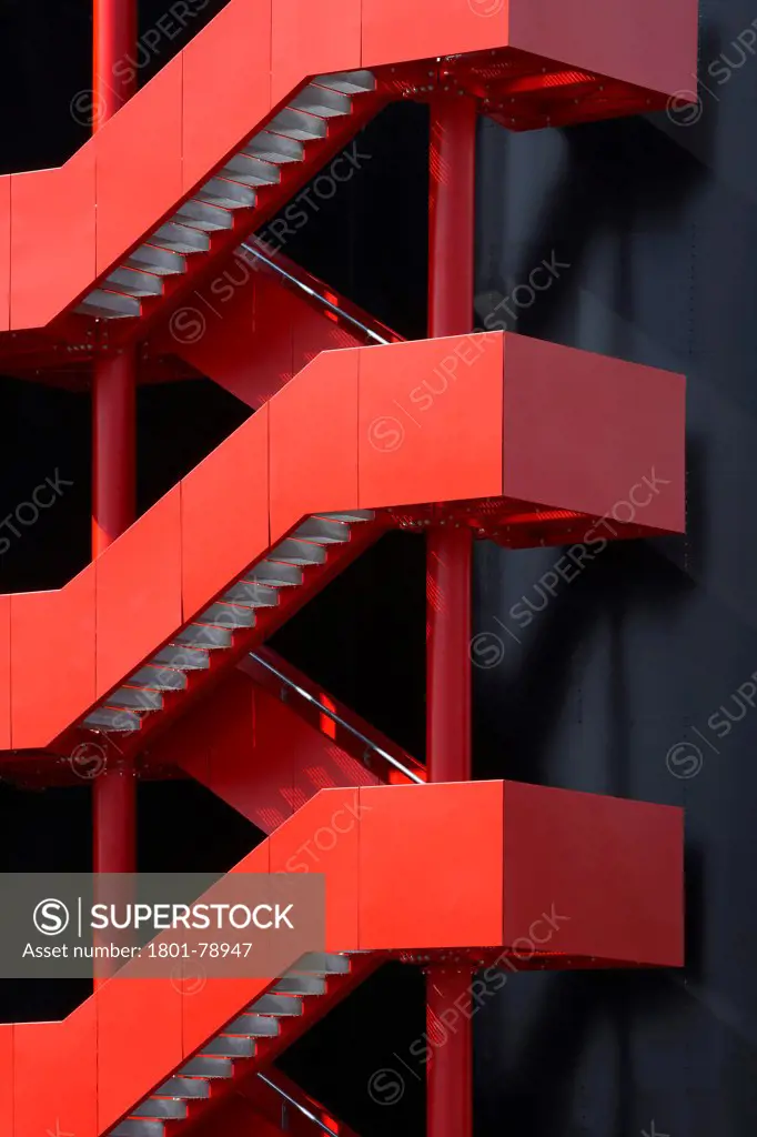 Energy Centre, London, United Kingdom. Architect: John Mcaslan & Partners, 2011. Signal Red Exterior Stairwell.