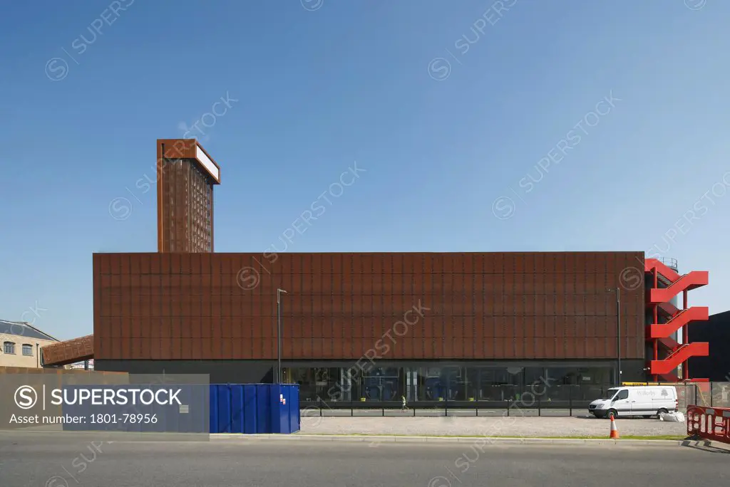 Energy Centre, London, United Kingdom. Architect: John Mcaslan & Partners, 2011. Straight On Elevation Of Massive Rectangular Block.