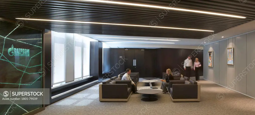Gazprom Offices London Headquarters, London, United Kingdom. Architect: Ior Group, 2012. Panorama Of Meeting Lounge.