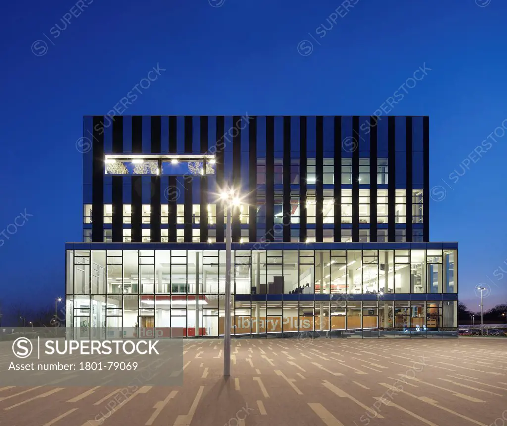 Corby Cube, Corby, United Kingdom. Architect: Hawkins Brown Architects Llp, 2010. Entrance Elevation At Night.