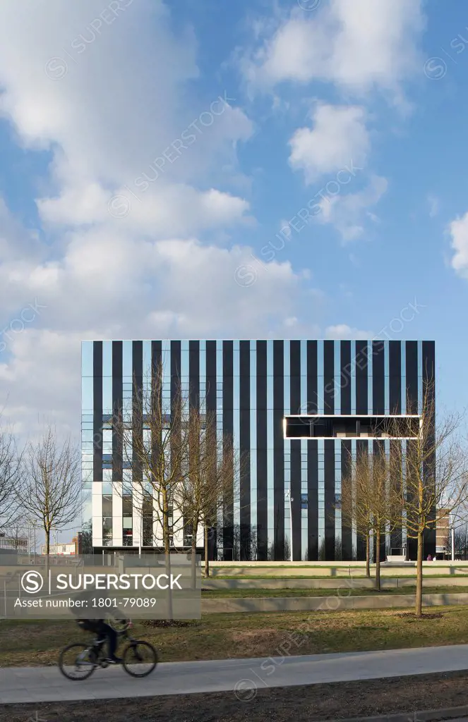 Corby Cube, Corby, United Kingdom. Architect: Hawkins Brown Architects Llp, 2010. Vertical Straight On Panorama Of Cube From Distance.