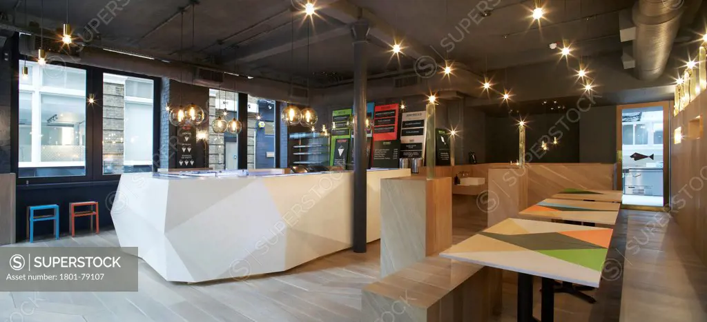 Yoobi, London, United Kingdom. Architect: Gundry & Ducker, 2012. Panorama Of Restaurant Interior.