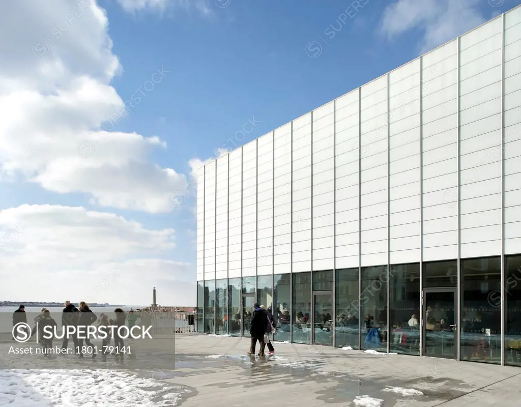 Turner Contemporary Gallery, Margate, United Kingdom. Architect: David Chipperfield Architects Ltd, 2011. Perspective Of Glazed Entrance Facade With View Of Harbour And Pier.
