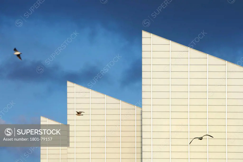 Turner Contemporary Gallery, Margate, United Kingdom. Architect: David Chipperfield Architects Ltd, 2011. Iconic Monopitch Roofs In Line Up With Gulls.