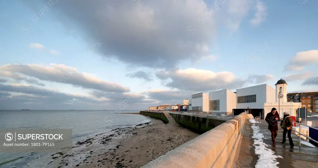 Turner Contemporary Gallery, Margate, United Kingdom. Architect: David Chipperfield Architects Ltd, 2011. View Along Old Pier Wall To Gallery And Context.