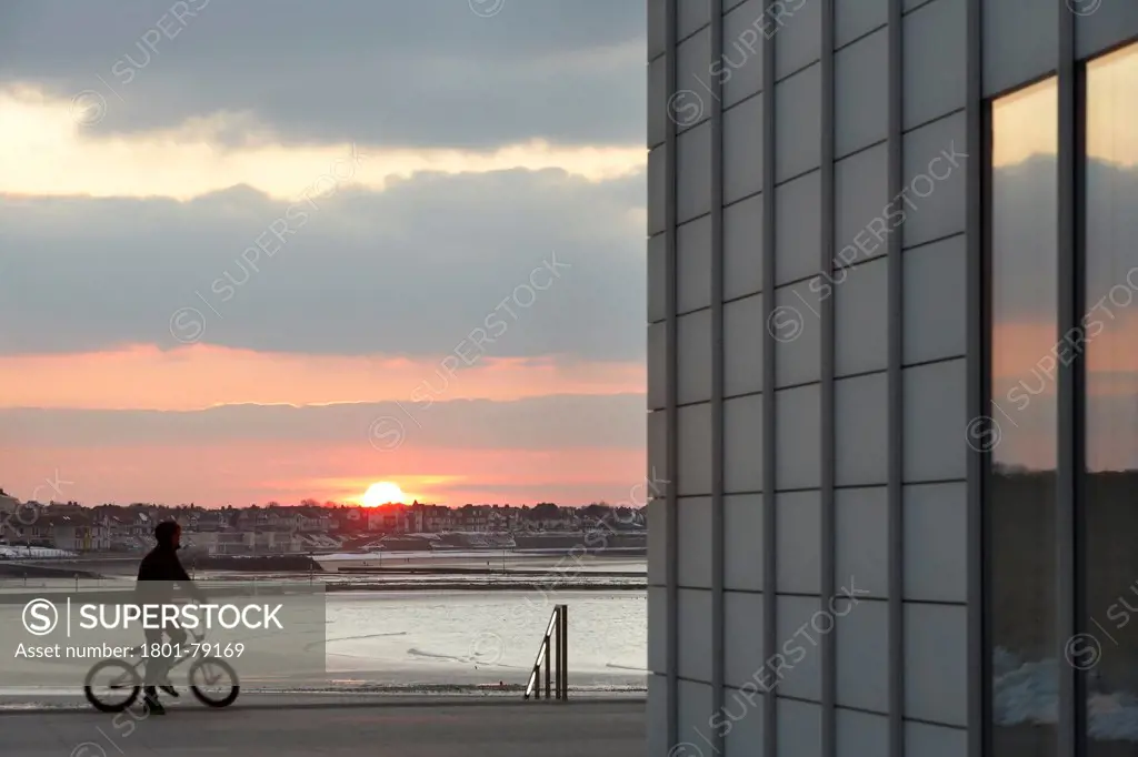 Turner Contemporary Gallery, Margate, United Kingdom. Architect: David Chipperfield Architects Ltd, 2011. Detailed Facade Perspective And Sunset.