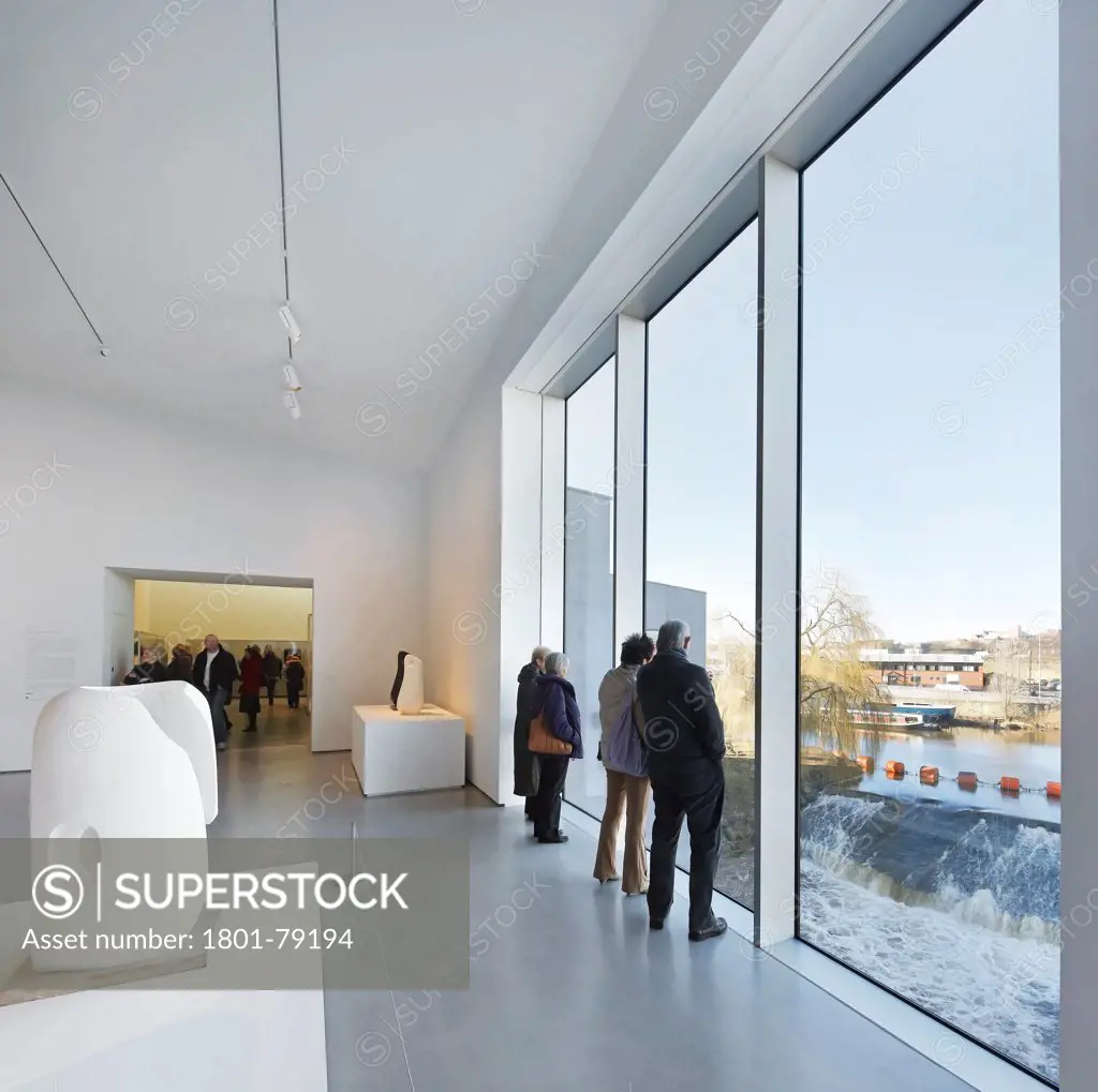 The Hepworth Wakefield, Margate, United Kingdom. Architect: David Chipperfield Architects Ltd, 2011. Full-Height Glazing In Exhibition Space With View Of River.