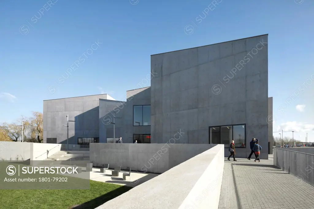 The Hepworth Wakefield, Margate, United Kingdom. Architect: David Chipperfield Architects Ltd, 2011. Side View With Garden And Trapezoidal Facade Structure.