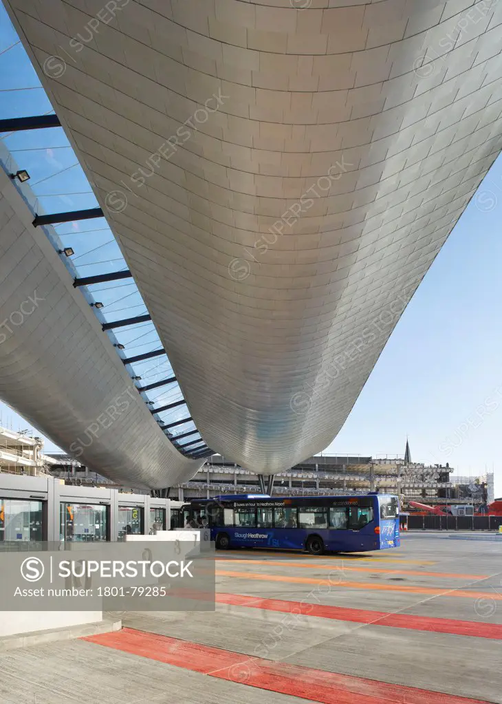 Slough Bus Station, Slough, United Kingdom. Architect: Bblur, 2011. Elevated View With Canopy And Individual Bus Stands.