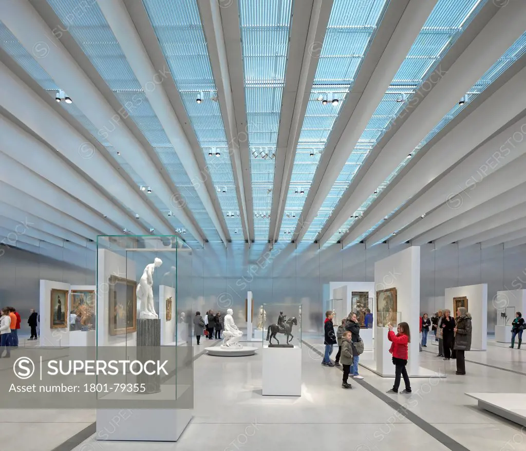 Musée Du Louvre  Lens, Lens, France. Architect: Sanaa, 2012. The Permanent Collection Hall With Glazed Roof Panels And Louvres.