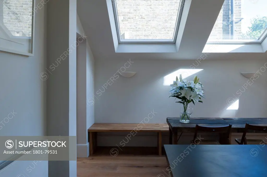 Victoria Road Private Home, London, United Kingdom. Architect: Ob-A, 2012. Interior Detail With Wooden Bench.