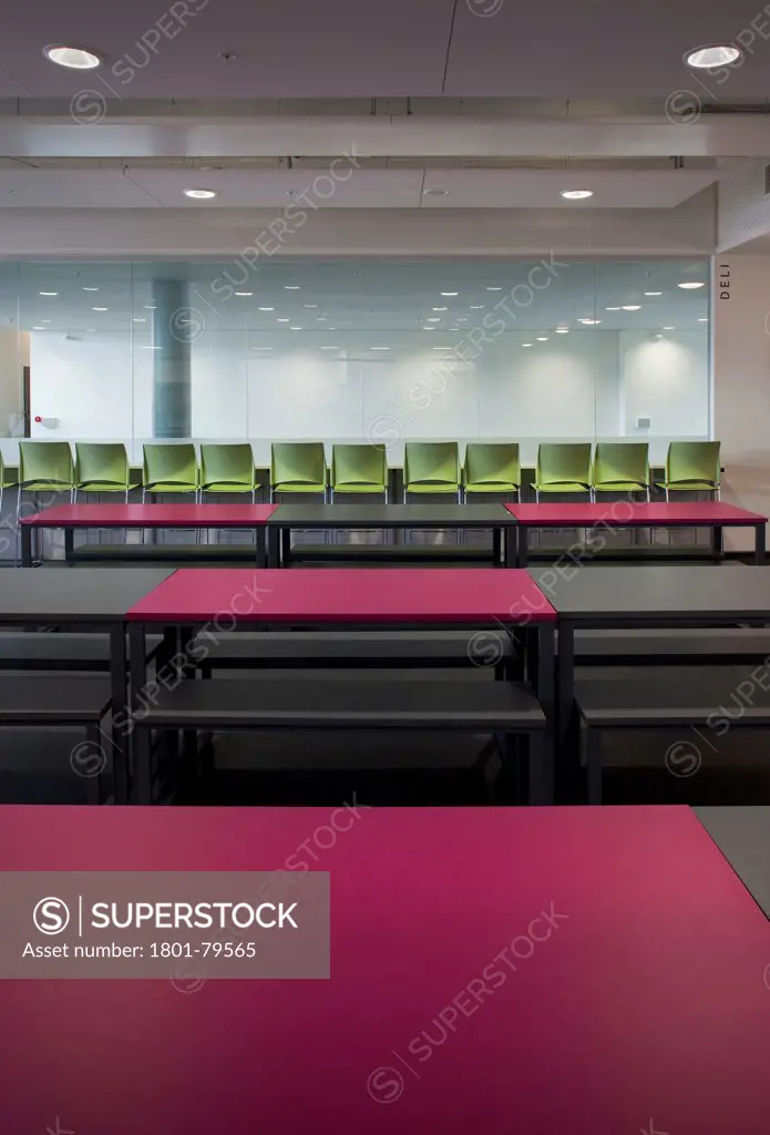 Sidney Stringer Academy, Coventry, Coventry, United Kingdom. Architect: Sheppard Robson , 2012. Coloured Tables And Chairs In The Refectory.