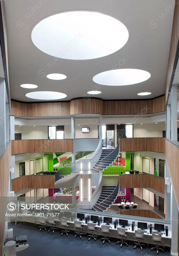 Sidney Stringer Academy, Coventry, Coventry, United Kingdom. Architect: Sheppard Robson , 2012. Atrium With Spiral Staircase And Circular Skylights.