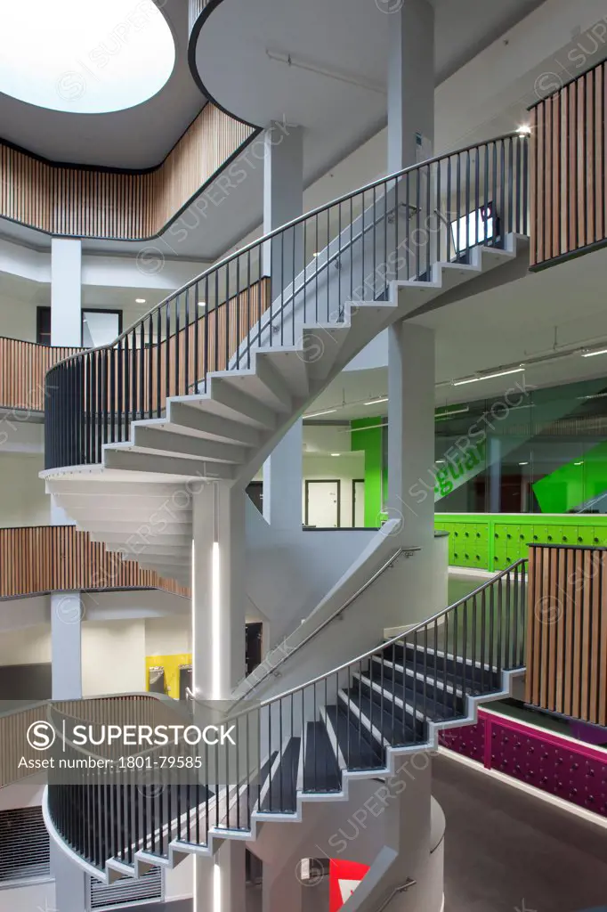 Sidney Stringer Academy, Coventry, Coventry, United Kingdom. Architect: Sheppard Robson , 2012. Spiral Staircase In Atrium.