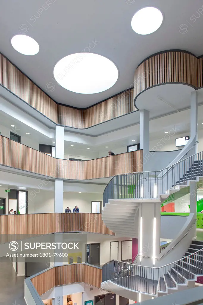 Sidney Stringer Academy, Coventry, Coventry, United Kingdom. Architect: Sheppard Robson , 2012. Open Atrium With Spiral Staircase.