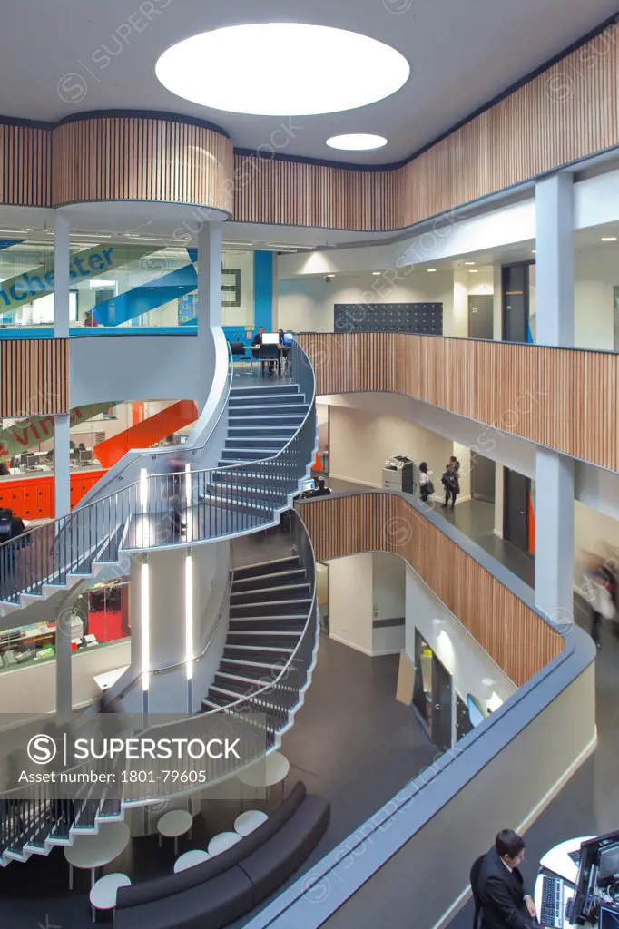 Sidney Stringer Academy, Coventry, Coventry, United Kingdom. Architect: Sheppard Robson , 2012. Elevated View Of Atrium, Corridors And Staircase.