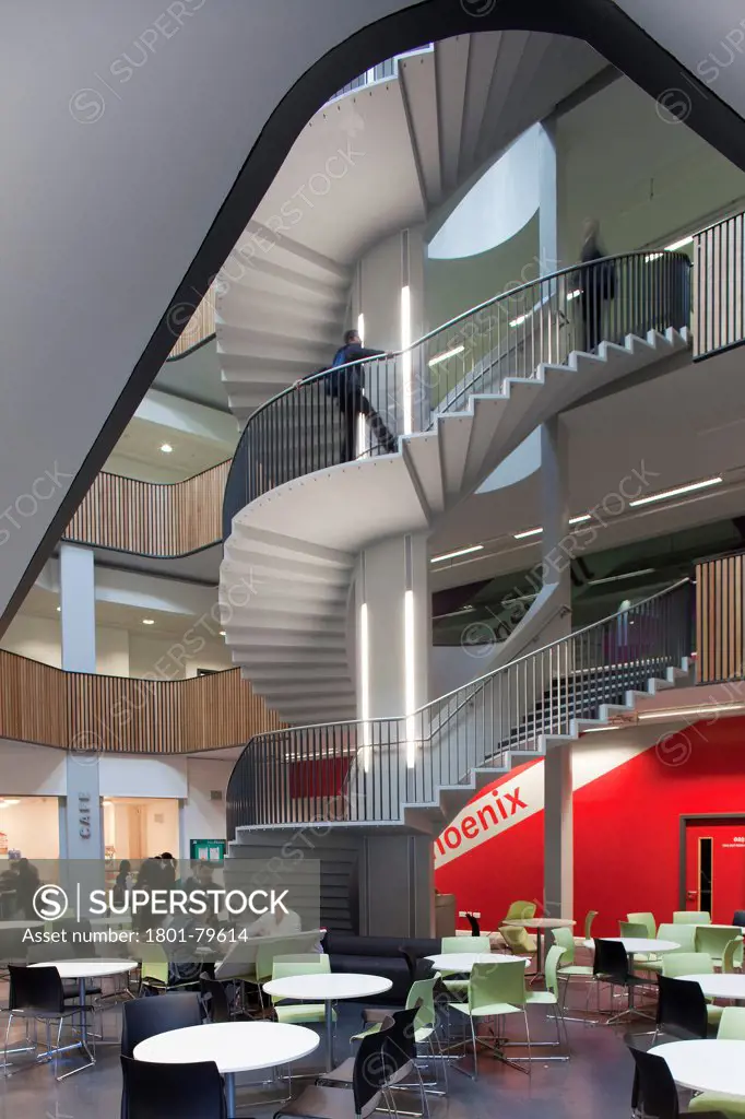 Sidney Stringer Academy, Coventry, Coventry, United Kingdom. Architect: Sheppard Robson , 2012. Dining Area In School Atrium.