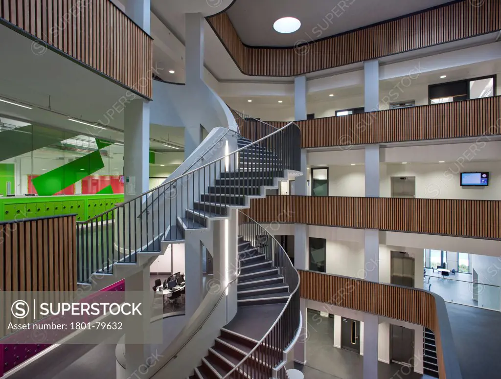 Sidney Stringer Academy, Coventry, Coventry, United Kingdom. Architect: Sheppard Robson , 2012. Multi-Storey School Atrium With Staircase.
