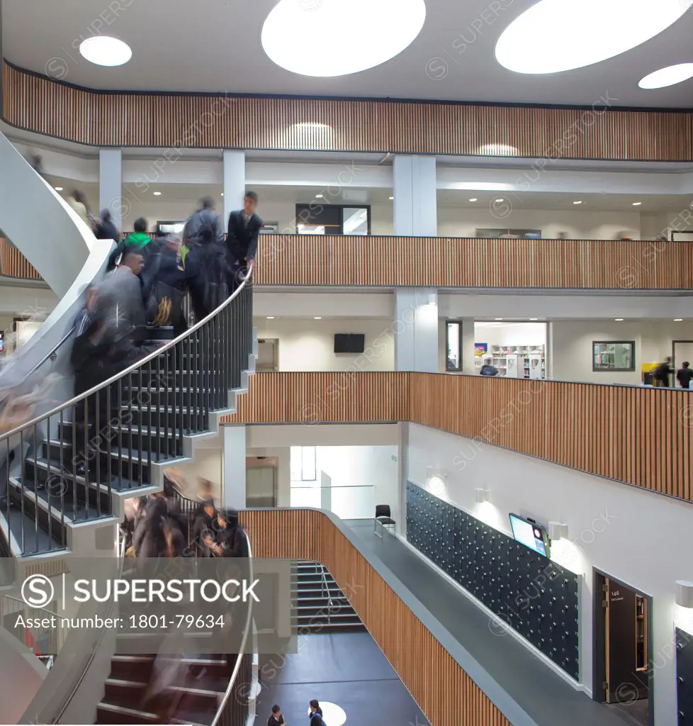 Sidney Stringer Academy, Coventry, Coventry, United Kingdom. Architect: Sheppard Robson , 2012. Multi-Storey School Atrium With Staircase And Circulation Corridors.