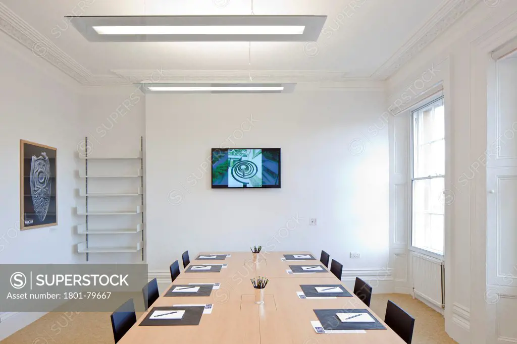 Ertegun House, Oxford, United Kingdom. Architect: Purcell Miller Tritton Llp, 2012. Conference Room With Desk, Chairs And Lighting.