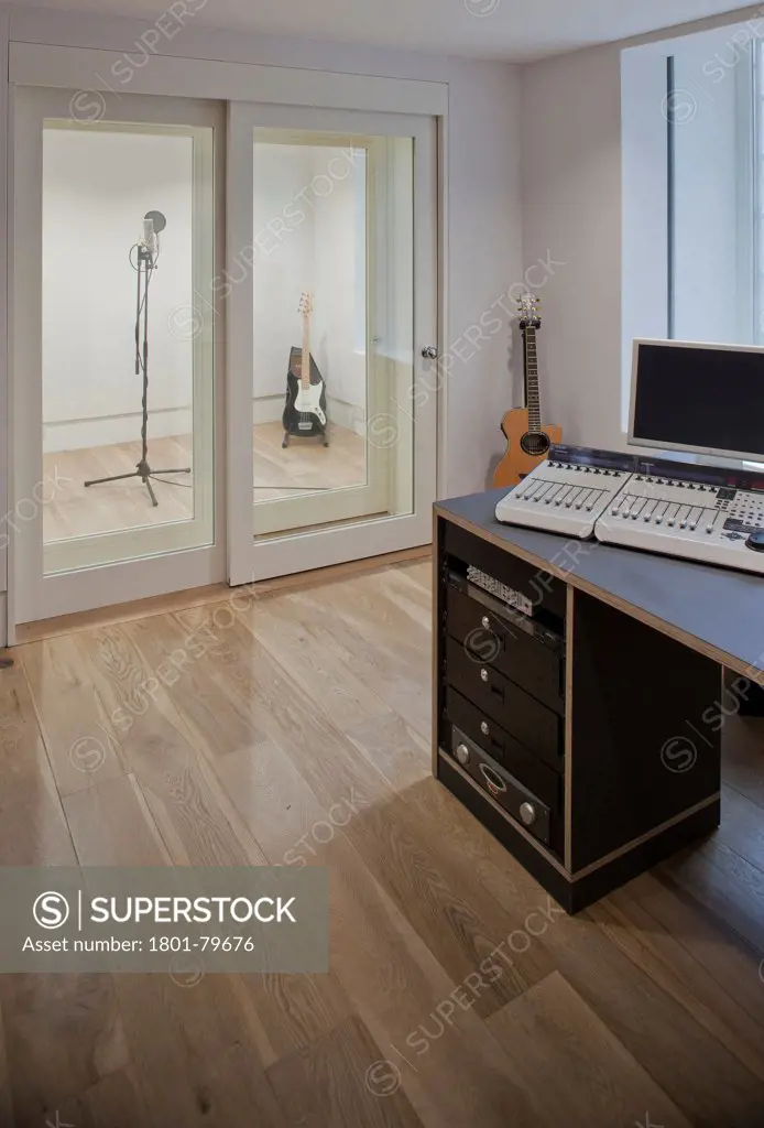 Soundtree Recording Studios, London, United Kingdom. Architect: Ben Adams Architects, 2011. View From Control Room To Recording Studio.