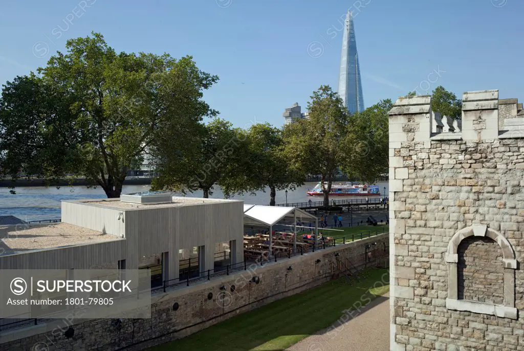 Tower Wharf Cafe, London, United Kingdom. Architect: Tony Fretton Architects Ltd, 2012. From North Approach On Tower Bridge Towards South Bank And Shard.