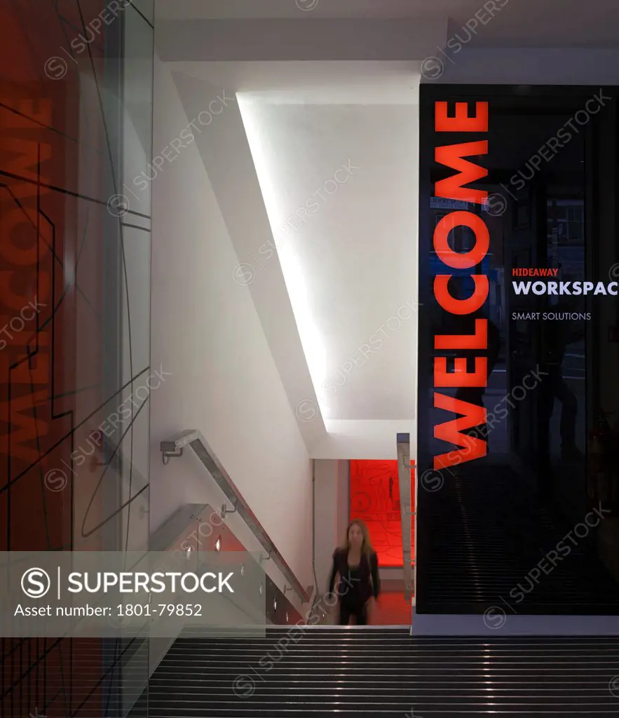 Workspace, London, United Kingdom. Architect: Paul Mullins Associates, 2013. Lobby To Stair With Signage.