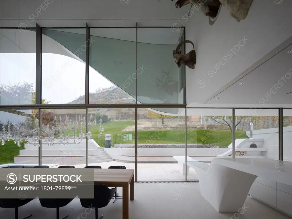 Haus Am Weinberg, Stuttgart, Germany. Architect: Un Studio, 2011. Details Of Dining Area With Glazing And View To Vineyard.