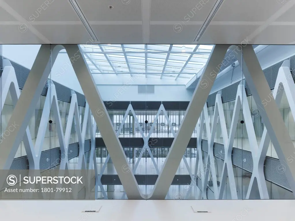 Cjib Building Leeuwarden, Leeuwarden, Netherlands. Architect: Claus + Kaan, 2012. View Across Glass Enclosed Atrium With Skylights.