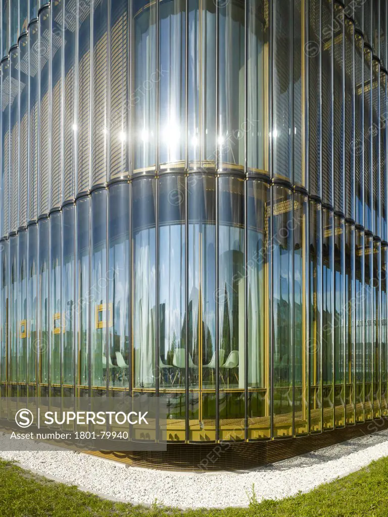Cjib Building Leeuwarden, Leeuwarden, Netherlands. Architect: Claus + Kaan, 2012. Corner View Of Curved Glass Panelling.