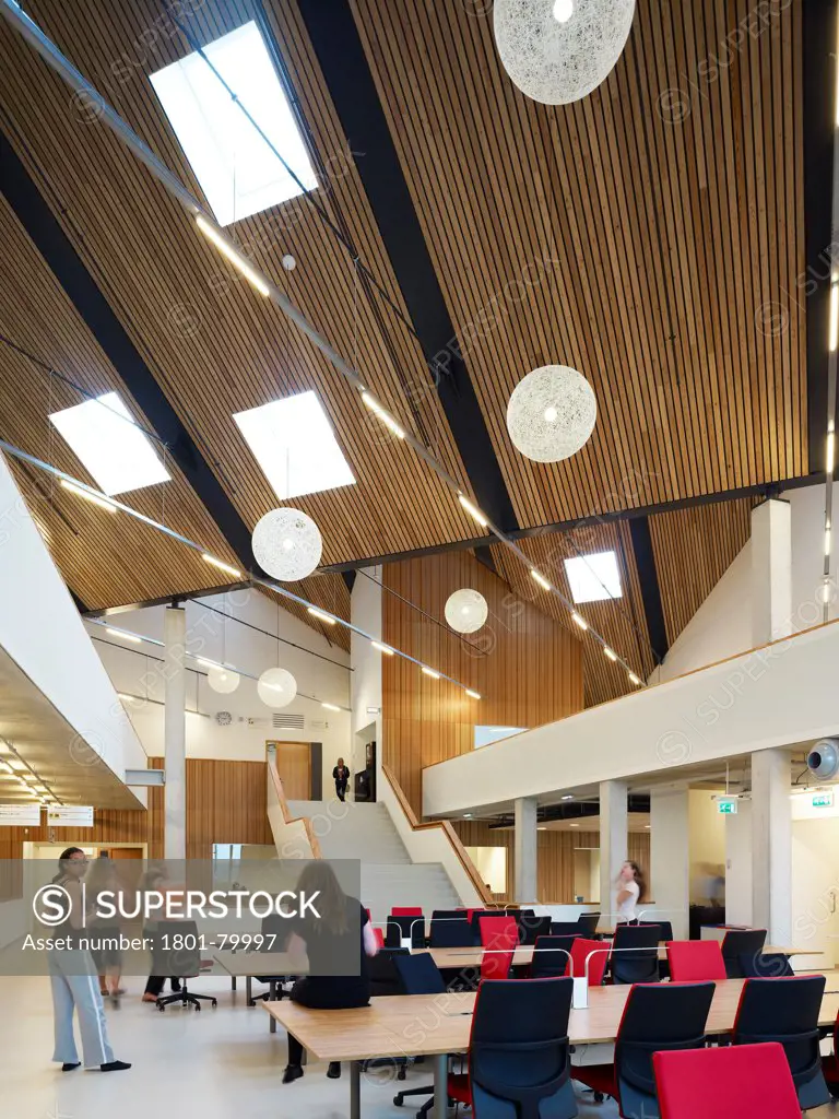 Amsterdam University College, Amstderdam, Netherlands. Architect: Mecanoo, 2012. Study Hall And View Of Timber Clad Tilted Ceiling With Pendant Lights.