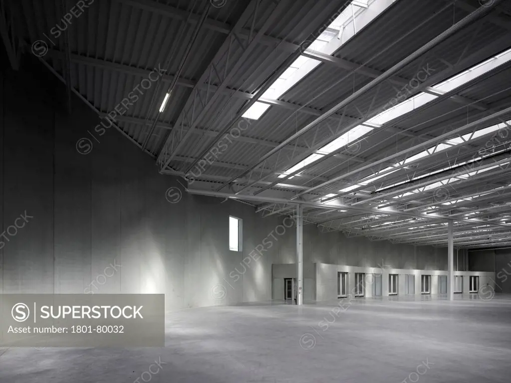 Logistics Building At Vitra Campus, Weil Am Rhein, Germany. Architect: Sanaa, 2012. Empty Warehouse Interior With Play Of Light.