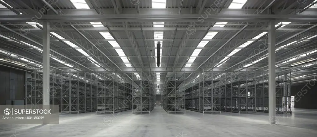 Logistics Building At Vitra Campus, Weil Am Rhein, Germany. Architect: Sanaa, 2012. Panoramic View Of Empty Warehouse Interior.