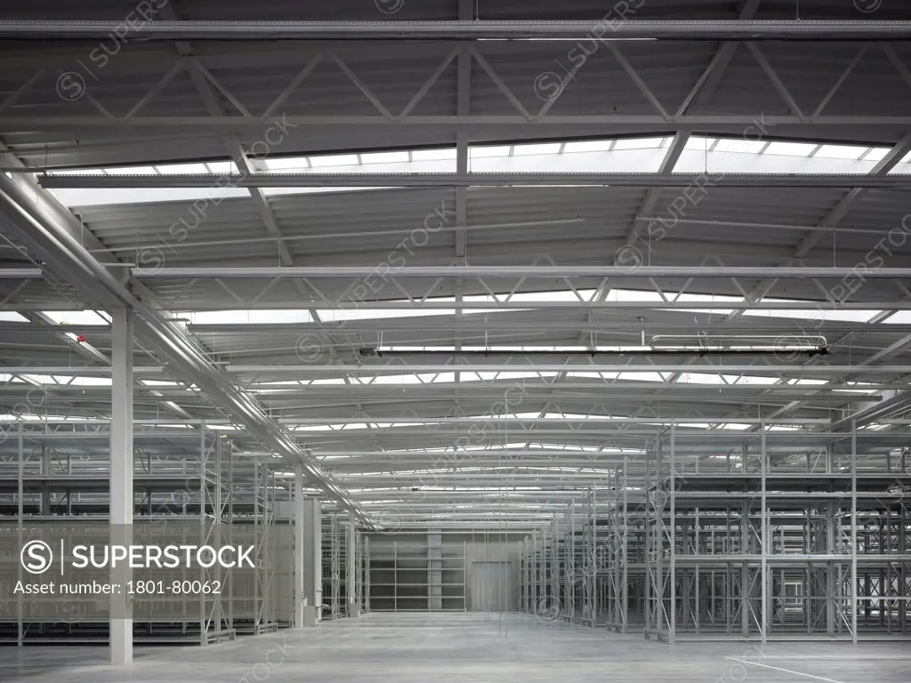Logistics Building At Vitra Campus, Weil Am Rhein, Germany. Architect: Sanaa, 2012. View Through Empty Warehouse Interior.