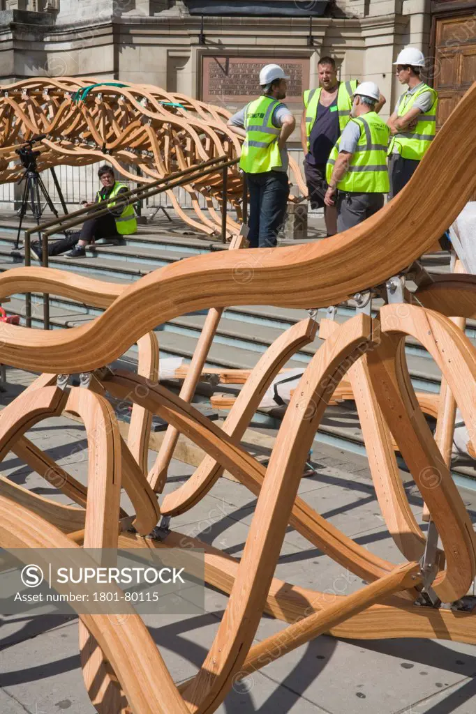 Timber Wave, Installation For London Design Festival 2011, London, United Kingdom. Architect: Al_A, 2011. Detail Of Laminated, Curved Timber Parts With Hinges.