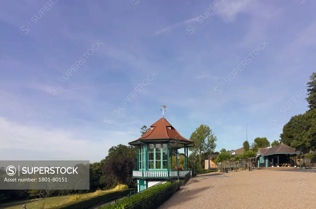 Horniman Pavilion, London, United Kingdom. Architect: Walters And Cohen Ltd, 2012. Grand View With Bandstand, Terrace, Pavilion And London'S Skyline.