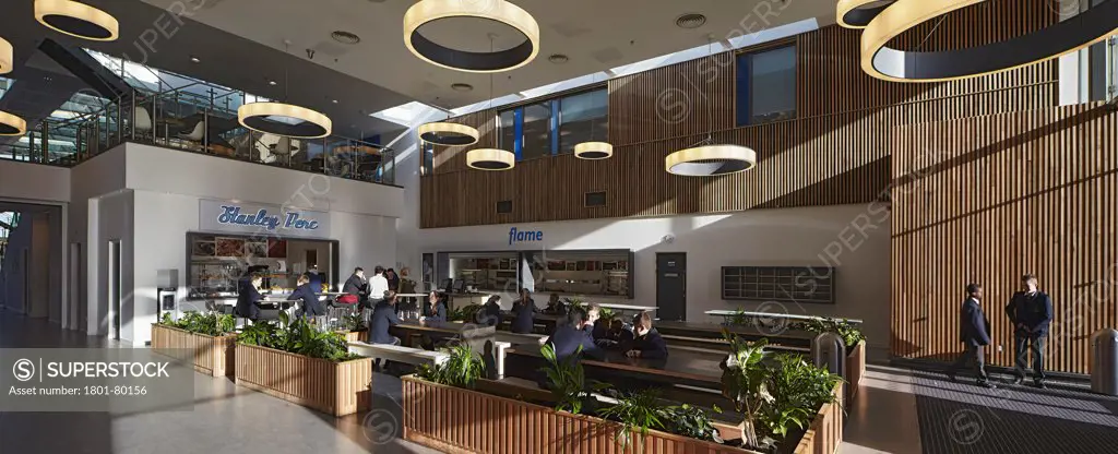 Stanley Park High School, Sutton, United Kingdom. Architect: Haverstock Associates Llp, 2012. Panoramic View Of Cafeteria.