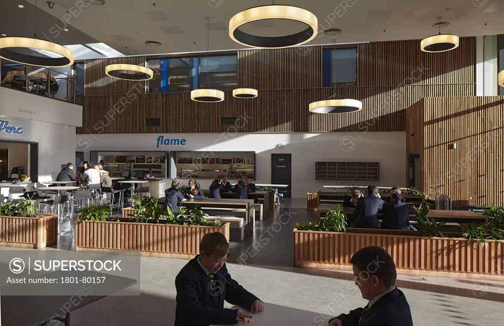 Stanley Park High School, Sutton, United Kingdom. Architect: Haverstock Associates Llp, 2012. Cafeteria View.