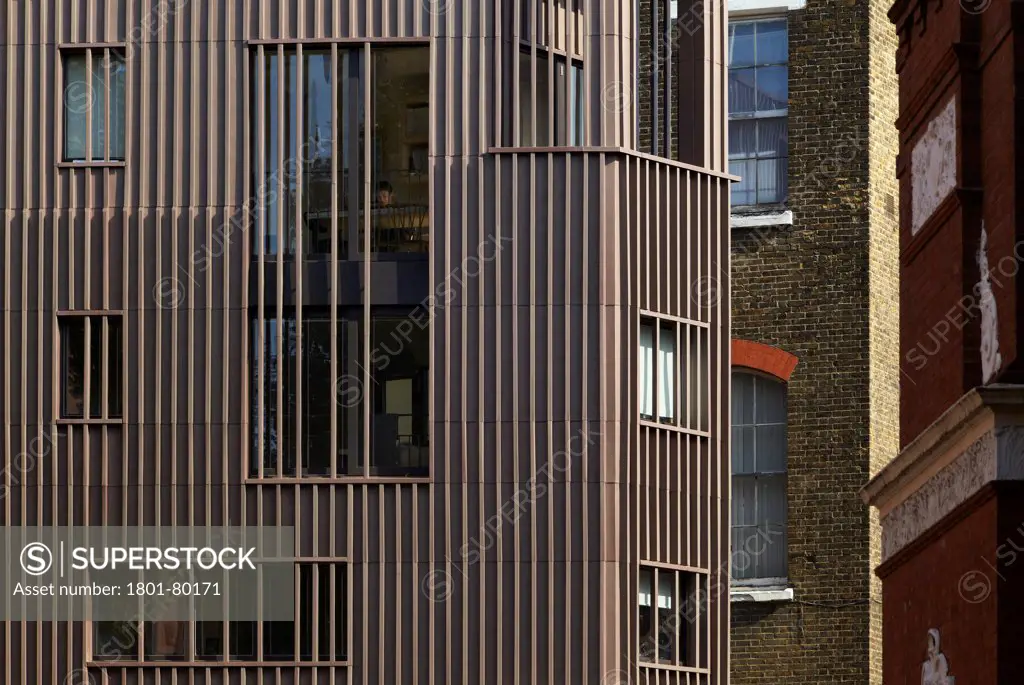 Alex Monroe Studio, Snowsfields, London, United Kingdom. Architect: Dsdha, 2012. Detail Of Pigmented Zinc Facade With Vertical Fins.