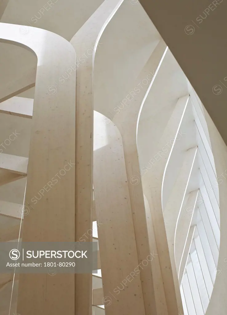 Ripon Chapel, Cuddesdon, United Kingdom. Architect: Niall Mclaughlin Architects, 2013. View Of V-Shaped Timber Columns With Clerestory.