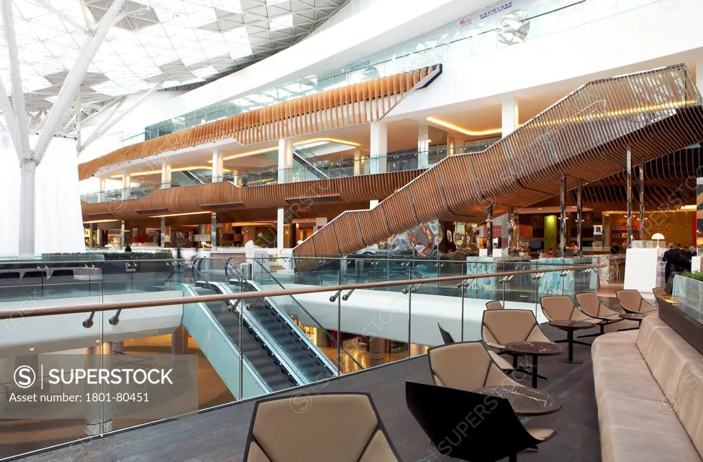Westfield London, London, United Kingdom. Architect: N/A, 2009. First Floor Seating Area Within The Atrium.