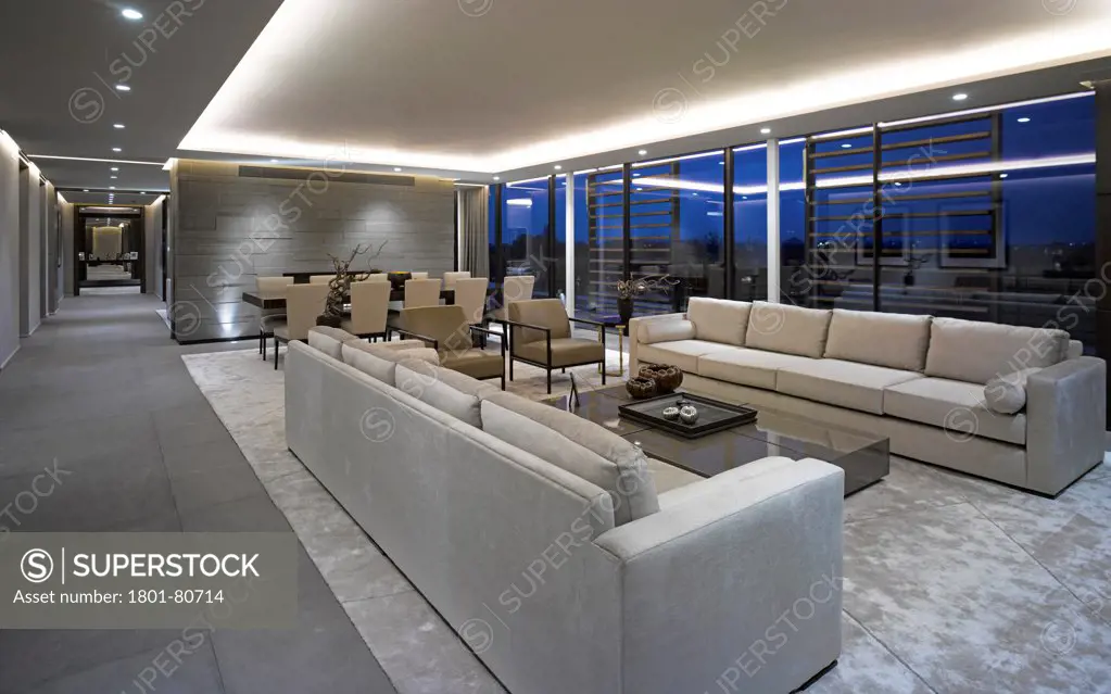 Penthouse Development, London, United Kingdom. Architect: Na, 2012. Overall Interior View-Living Room At Twilight.