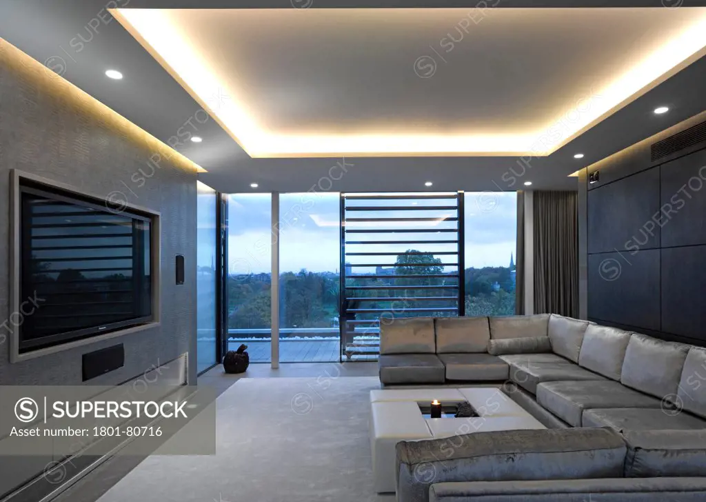 Penthouse Development, London, United Kingdom. Architect: Na, 2012. Overall Interior View-Living Room At Twilight.
