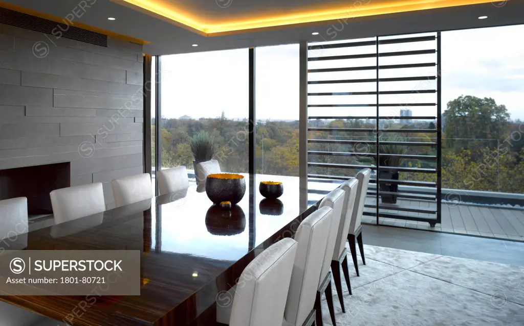 Penthouse Development, London, United Kingdom. Architect: Na, 2012. Overall Interior View-Dining Area With View To Hyde Park.