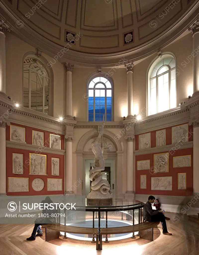 Ucl Wilkins Building Octagon And Flaxman Galleries, London, United Kingdom. Architect: Burwell Deakins Architects, 2012. Overall Interior View Of Flaxman Gallery Showing Glass Plinth With Statue.