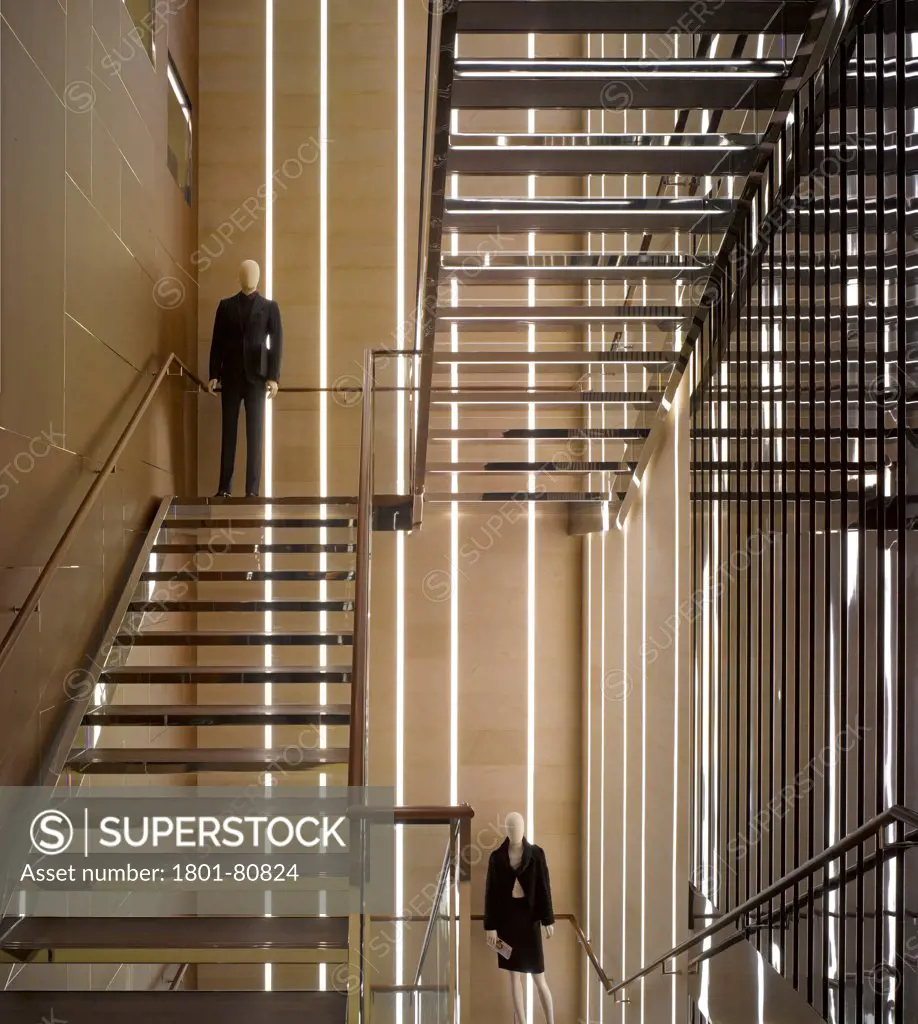 Salvatore Ferragamo Bond Street, London, United Kingdom. Architect: Mpa Architects, 2012. Overall Interior Around Main Staircase.