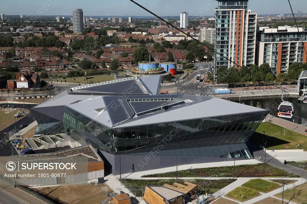 Siemens Urban Sustainability Centre - The Crystal, London, United Kingdom. Architect: Wilkinson Eyre Architects, 2012. High Level View From Cable Car.