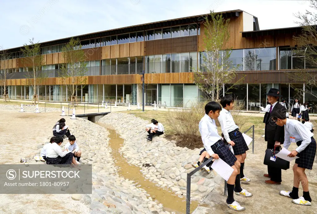 Teikyo University Elementary School, Tokyo, Japan. Architect: Kengo Kuma, 2012. Overall Exterior View During Biology Field Work.