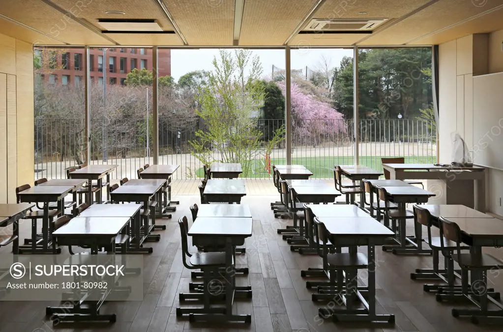 Teikyo University Elementary School, Tokyo, Japan. Architect: Kengo Kuma, 2012. Interior View-Typical Classroom On Ground Floor.