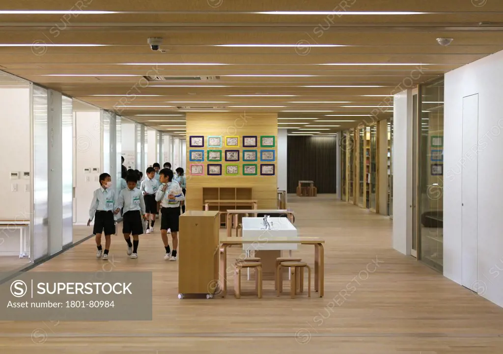 Teikyo University Elementary School, Tokyo, Japan. Architect: Kengo Kuma, 2012. Interior View-Corridor On Ground Floor.